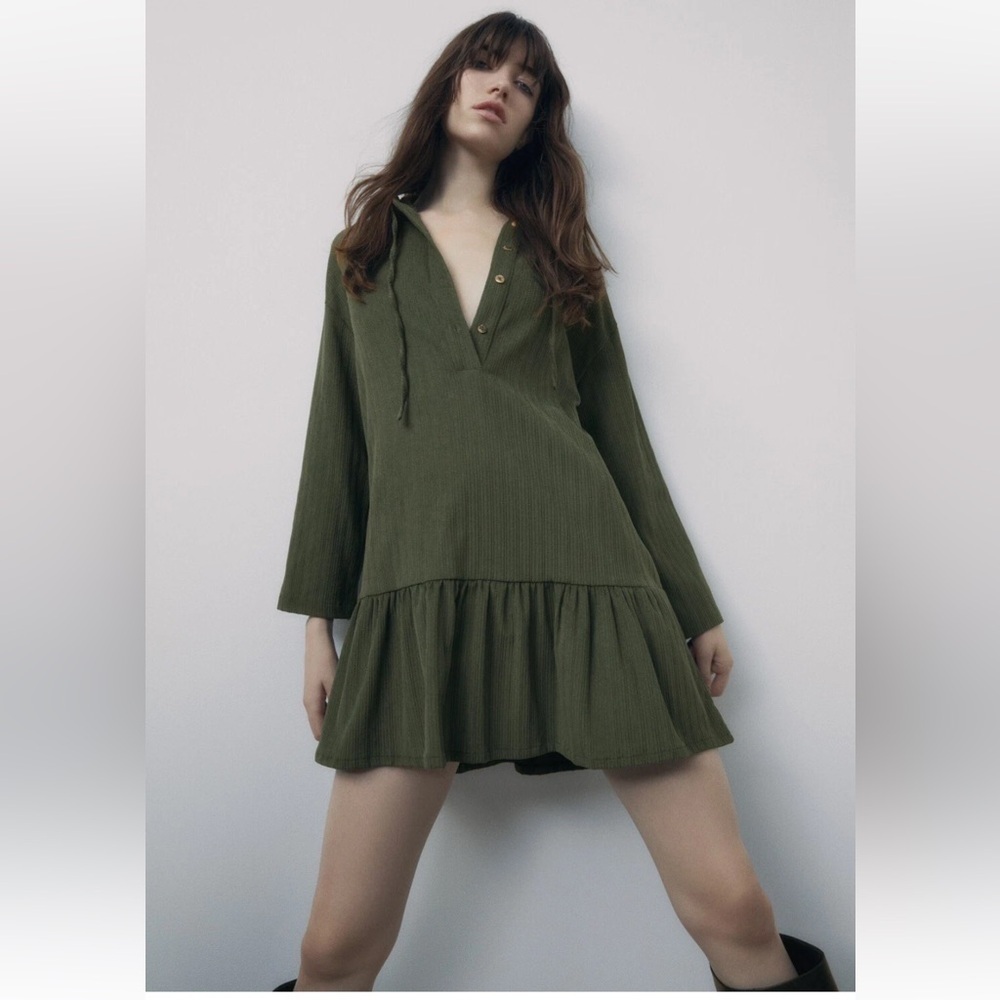 NWOT Zara Corduroy Oversized Hooded Drop Waist Dress Size XS/S